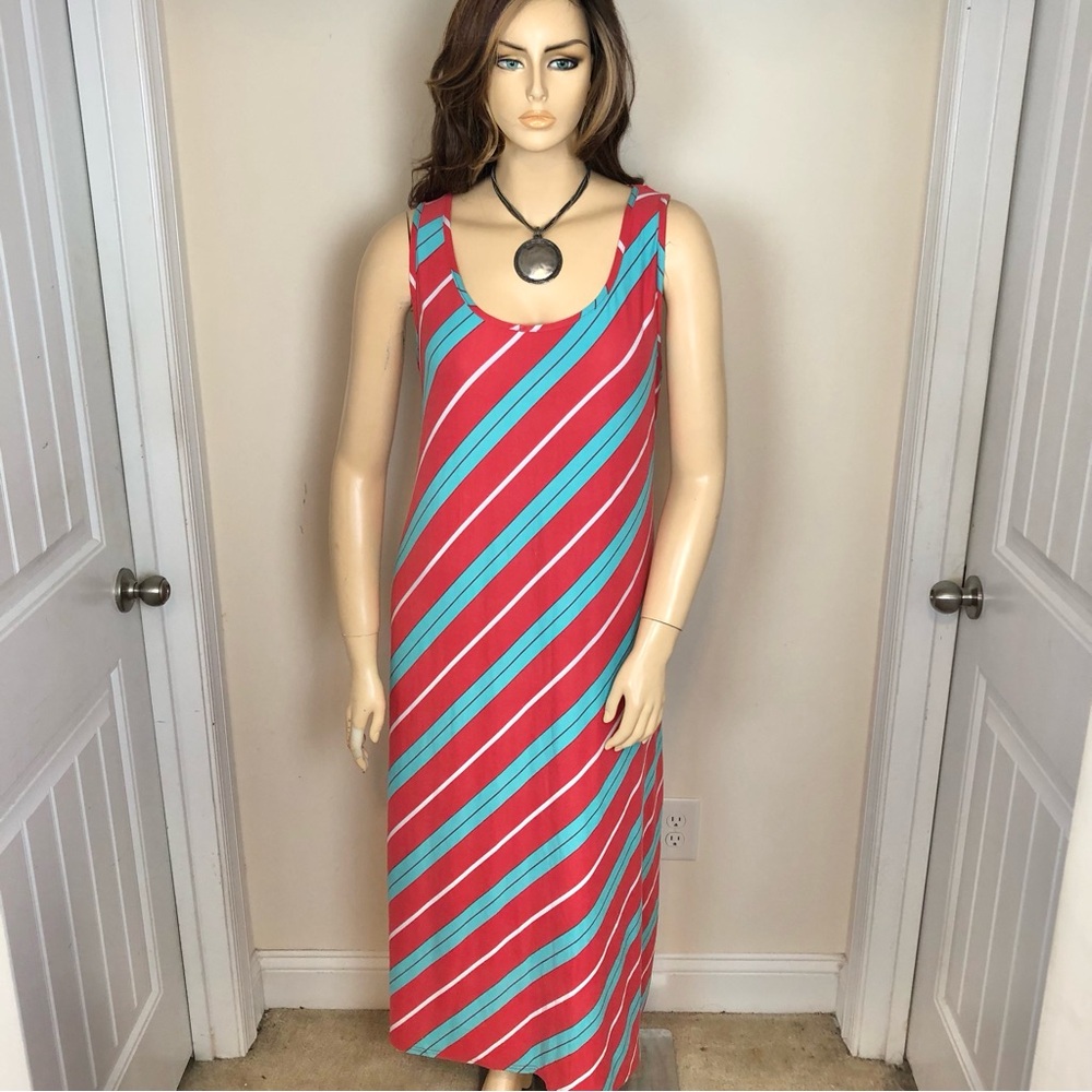 3X PLUS SIZE Red Orange Turquoise Diagonal Stripe Sleeveless Long Maxi Dress